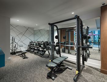 Gym with weights and cardio equipment at Kinley West LA, Los Angeles, 90045